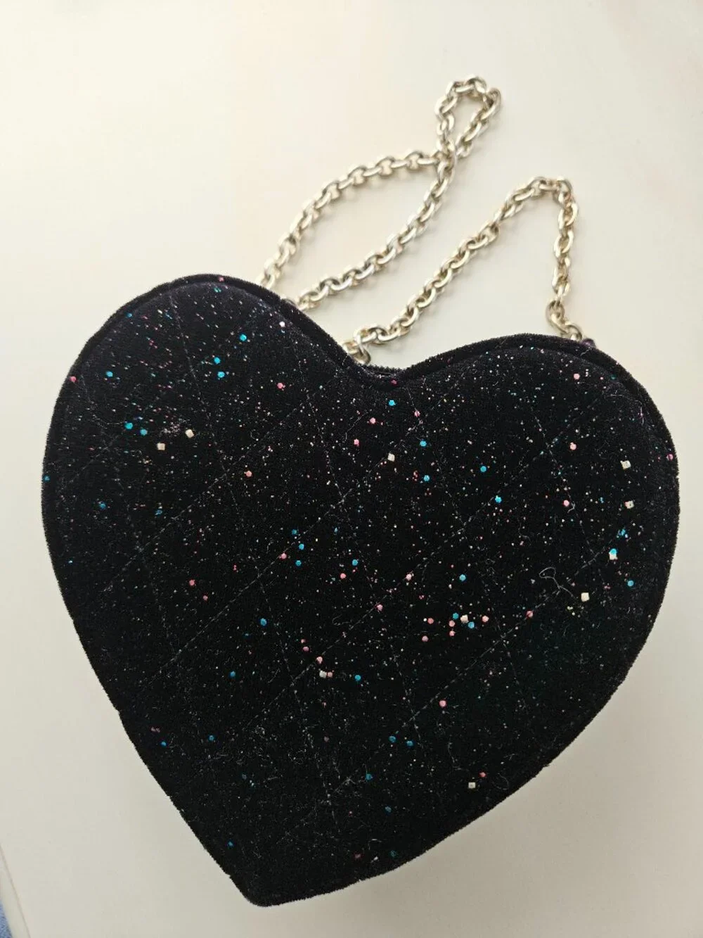 J.Crew Crewcuts Velvet Feel Glitter Heart Purse Gold Chain EUC